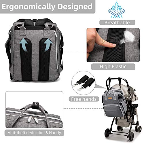 Diaper Bag Backpack, Travel Foldable Baby Bed, Portable Sleeping Mummy Bag, Multifunction Large Capacity Baby Bassinet with USB Charging Port, Waterproof and Stylish, Grey