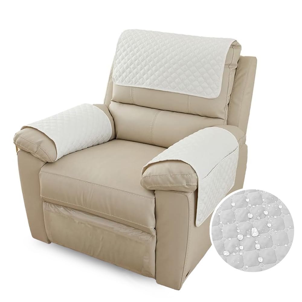 FANSU Armchair Covers for Arms Headrest Cover for Armchair Waterproof Slipcover with Side Pocket Nonslip & Washable & Abrasion Furniture Protector for Cat Dog Pets (1 Seater,White)