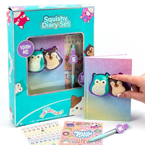 Original Squishmallows Squishy Diary Set, Includes 5 x 7 Diary, 60 Sheets, Kawaii Stickers, Pen, Fun Journaling Kit & Sketchbook for Kids, School Supplies, Journal for Girls