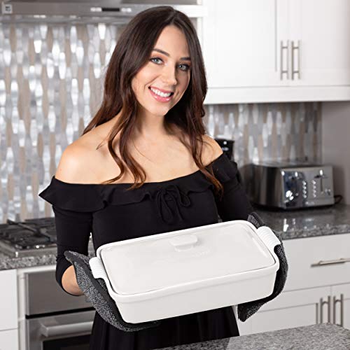 Rossallini Stoneware Casserole Dish Bakeware Set with Lid, Covered Rectangular Dinnerware, Large 4 Quart, 13 by 9 Inch (Glossy White)