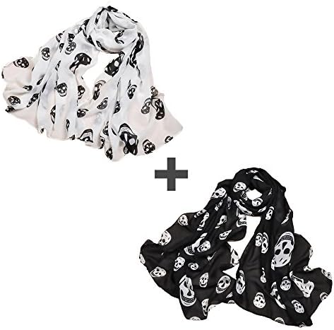 PUXIAN Designer Lightweight Skull Neck Fashion Scarves for Women Clearance Pack of 2 Black+White