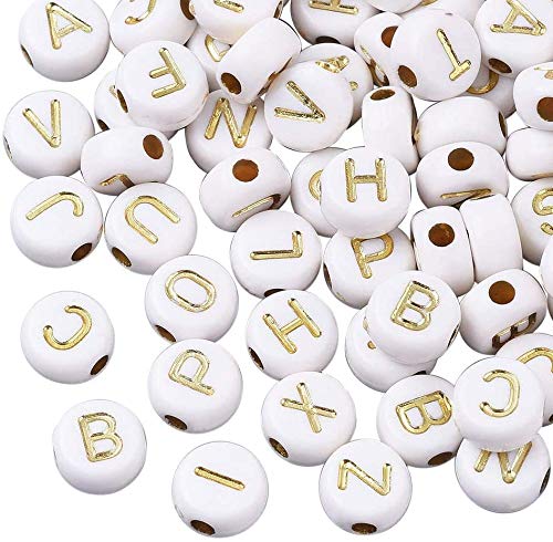 Cheriswelry About 3650pcs White Gold Acrylic Alphabet Beads 7mm Flat Round Disc Coin A-Z Letter Spacer Beads Charms for Jewellery Bracelet Making