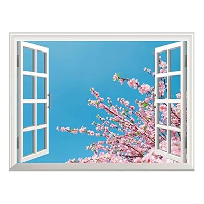 Removable Wall Sticker/Wall Mural - Cherry Blossom/Sakura Flowers Under Blue Sunny Sky | Creative Window View Home Decor/Wall Decor - 36