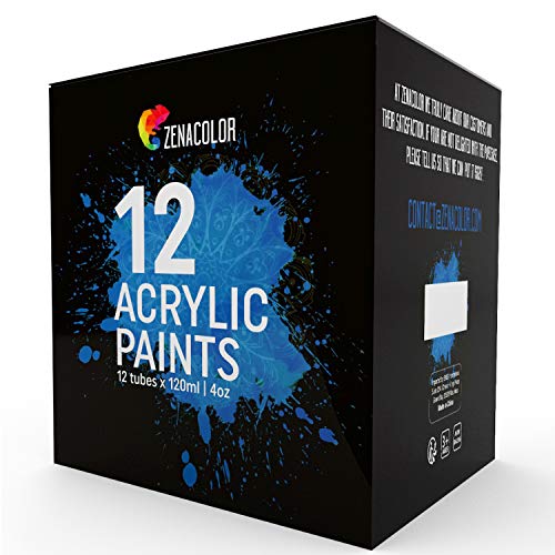 Zenacolor ⭐ Acrylic Paint Set, 12 Tubes of 4 Oz / 120mL, 12 Acrylic Paints for Painting Canvas with Paint Brushes, Wood, Arts and Crafts, Fabric, Painting Supplies for Adults and Children