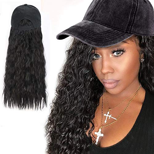 Black Wavy Wig with Hat,Synthetic Hair Extensions Attached Adjustable Black Baseball Cap Fits Women (Black)