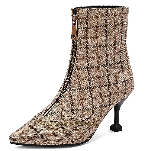 CUTEHEELS Women Fashion Pointed Toe Booties with Front Zipper and Kitten Heels