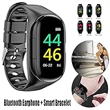 yunbox299 Smart Watch Bracelet + Bluetooth Earphone, 2 in 1 - IP67 Waterproof - Step Counting Heart Rate Sports Smart Watch Bracelet for Android iOS Cellphone Black