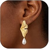 Flower Pearl Earrings for Women 14K Gold Plated Hypoallergenic Drop Dangle Floral Earring with Pearl Bridal Wedding Jewelry Gifts