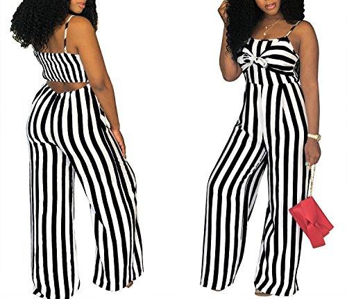 SheKiss Women's Sexy Spaghetti Strap Striped Tie Bowknot Long Pants Jumpsuits Rompers Ladies Outfits Black - Thumbnail 2