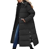 Jyanl Women Long Puffer Coat Maxi Thickened Quilted Padded Jacket Winter Warm Zip Parka Removable Hood Buttoned Slit Hem