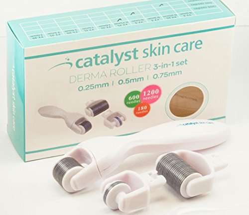 Derma Skin Care Face Massage Roller, 3 in 1 Kit, 0.25, 0.5, and 0.75mm Stainless Steel Set, In Home Use Premium Beauty Tool for Exfoliation, Hyaluronic Acid Serum Uptake- Plastic Case for Micro Tools