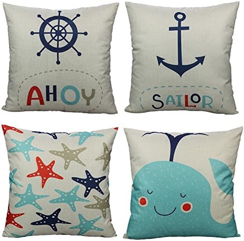All Smiles Ocean Park Theme Nautical Throw Cushion Covers Decorative Pillow Cases 18 X 18 Sea Beach Starfish Fish Voyage Navigation Compass