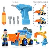 WolVol 3-in-1 Construction Bulldozer Dump Excavator Take-A-Part Truck Toy with Drill and Tools, Lights and Music, Bump and Go Action
