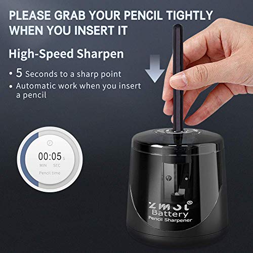 ZMOL Battery Powered Electric Pencil Sharpener,Small Battery Operated Colored Pencil Sharpeners Portable for Kids,Fast Sharpen, Suitable for No.2/Colored (6-8mm), School/Classroom/Office/Home Black