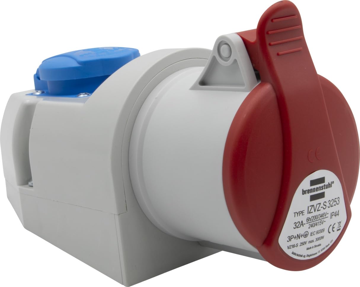 Brennenstuhl Industrial 32A CEE 400V/32A 5 Pin Combination Wall Socket + Type F Socket (Schuko), IP44, Indoor/Outdoor, Red/Grey/Blue