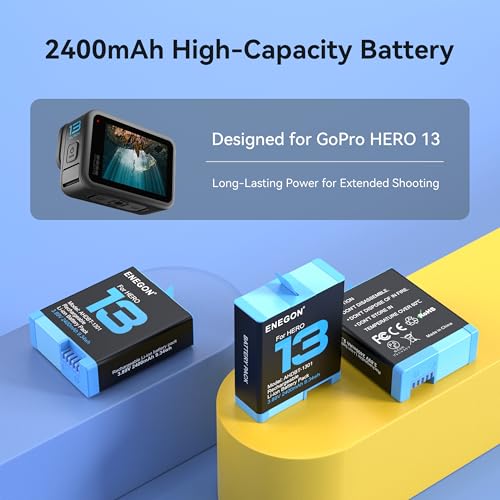 ENEGON Battery Set for GoPro Hero 13 Black/Enduro – 3× 2400mAh Batteries + 3-Channel USB-C Charger with SD Card Storage Slot, Fast Charging & Multi-Level Protection
