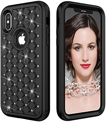 iphone x case, NAKA Bling Diamond Rhinestone heavy duty 3 in 1 hybrid shockproof case Protective soft inner silicone + outer hard pc Cover Case for iphone x (2017) Diamond Black