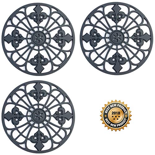 Trivet For Hot Dishes, Pots & Pans. Silicone Hot Pad 'Fleur De Lis' Design (Symbol of Royalty) Mimics Cast Iron Trivets but Without Scratching your Table (7.5 inch Round, Set of 3 Pads, Dark Gray)
