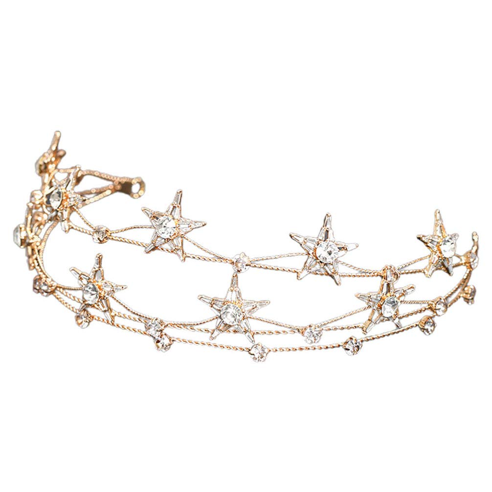 FRCOLOR Crystal Rhinestone Tiara Crown Star Bridal Wedding Headband Princess Hairband Headpiece Hair Hoop Bridal Hair Jewelry Gold