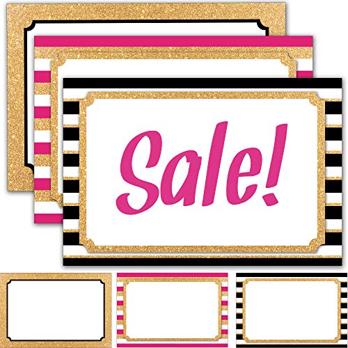 60 Retail Sale Signs 4" x 6" - Blank Sign Cards for Price Tags, Labels, Store Advertising and Sales Display Signage - Faux Glitter Gold and Neon Pink Theme