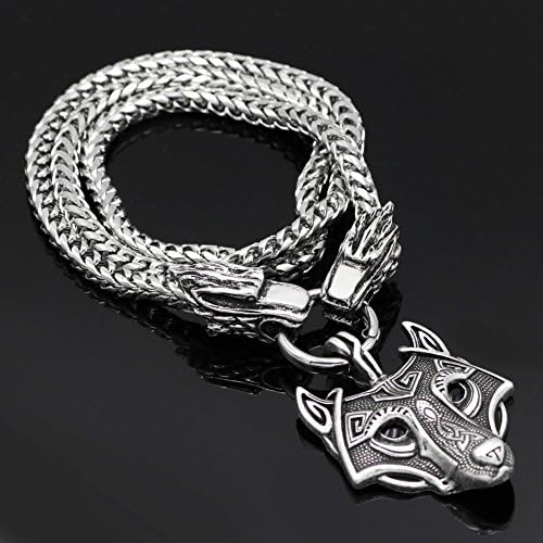xicoh Viking Wolf Head With Thor's Hammer Mjolnir Scandinavian Bear Paw Wolf Pendant NECKLACE - Stainless Steel Chain