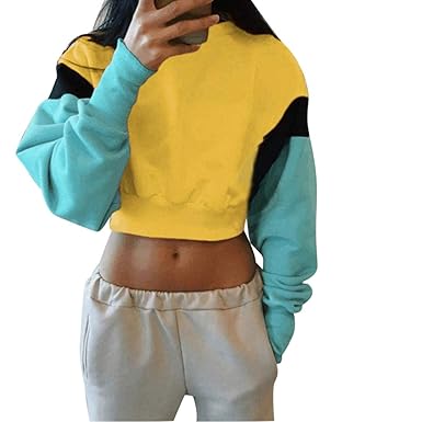 iHENGH Damen  Damen Langarm Crop Tops Damen Patchwork Pullover Hoodie Sweatshirt