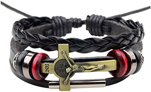 PopJ Vintage Style Alloy Sideways Cross Hand Woven Leather Bracelet Adjustable (Gold)