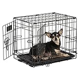 Dog Crate | MidWest iCrate XXS Double Door Folding Metal Dog Crate w/ Divider Panel, Floor Protecting Feet & Leak-Proof Dog Tray | 18L x 12W x 14H Inches, Toy Dog Breed, Black