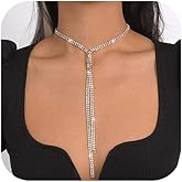 AllJunction Long Silver Rhinestone Lariat Necklace Bling Statement Sparkly CZ Dangle Sparke Tennis Faux Diamond Chain Choker Y Shaped Necklaces Prom Jewelry for Women