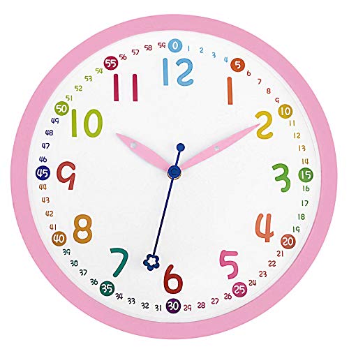 Foxtop Pink Kids Wall Clock 12 Inch Cute Large Silent Non ticking Colorful Decorative Clocks for Children Living Room Bedroom Nursery Classroom School Kitchen Gifts
