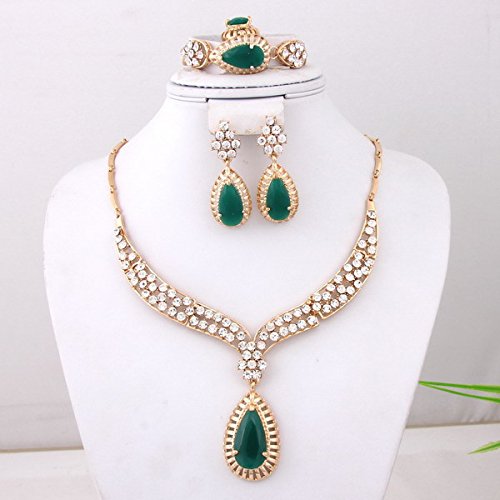 Earring with set gold plated crystal green zircon necklace