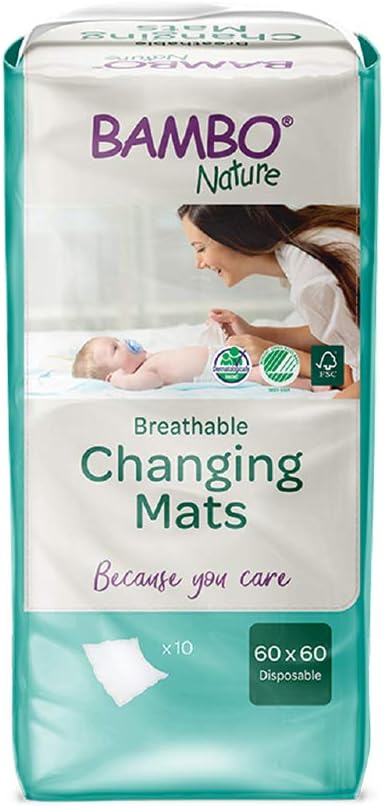 Bambo Nature Disposable Changing Mats, Size 60x60 cm, Pack of 10, Absorbency of 1000 ml, Disposable Changing Mat