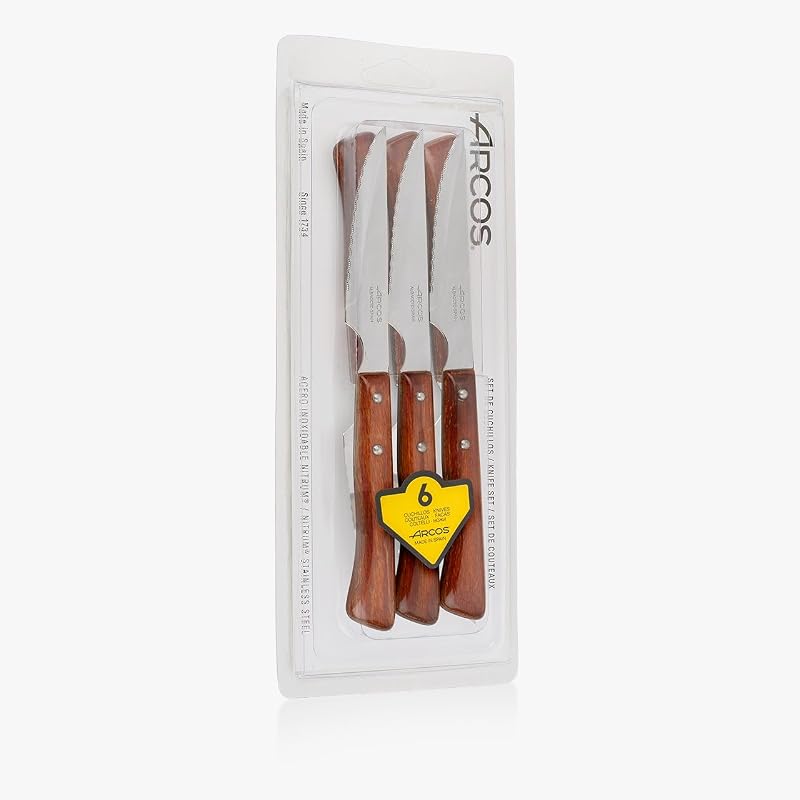 Steakmesser-Set 6-teilig - Perlschliffklinge zum Schneiden und Filetieren von Fleisch, Edelstahlklinge und Griff aus Buchenholz - Serie Mesa