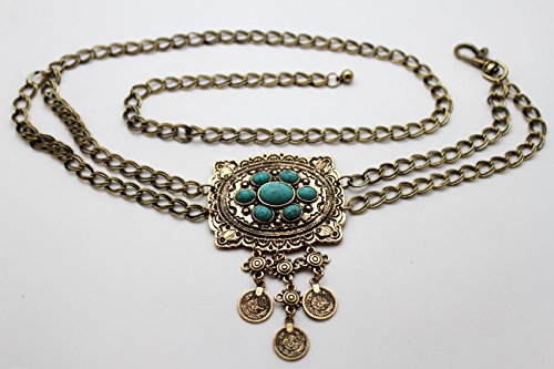 TFJ Women Fashion Metal Chain Belt Hip Waist Turquoise Blue Coins Gold Plus M L XL