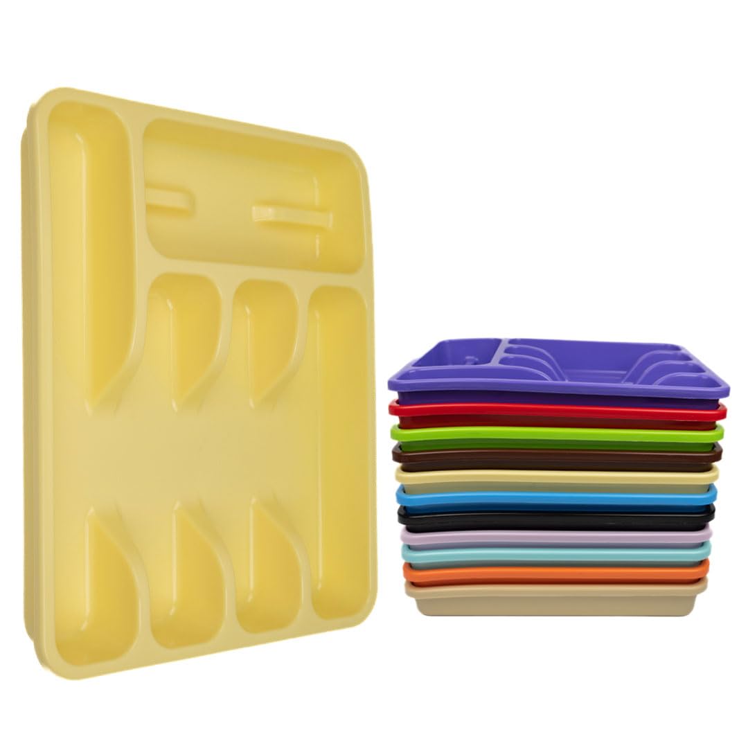 ECO Plastic Large Cutlery Drawer Organiser | 6 Compartment Cutlery Tray for Drawers | Multi Color Cutlery Trays for Kitchen Drawers | Kitchen Drawer Organiser for Forks, Spoons & Knives (Yellow)