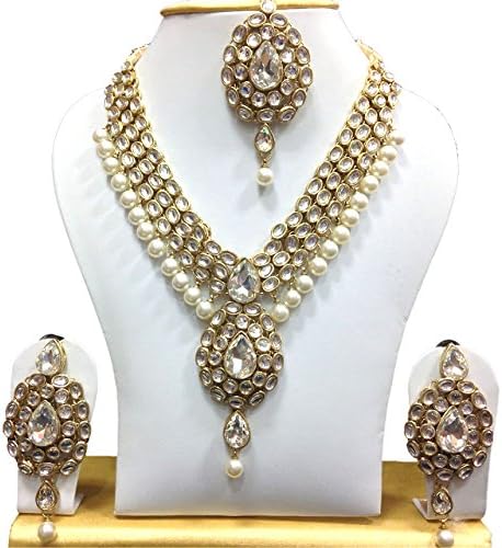 Exclusive Jewellery Indian Party Wedding Wear Gold Plated Pearl White Kundan Bollywood Bridal Women Necklace Set