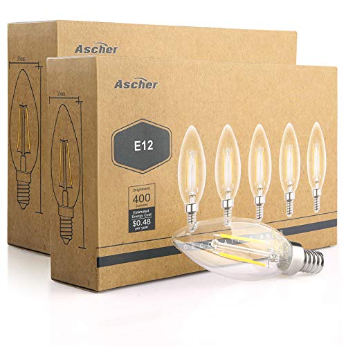 Ascher E12 LED Classic Candelabra Clear Light Bulbs, Equivalent 40W, Daylight White 5000K, Filament Clear Glass, Non-Dimmable, Pack of 10