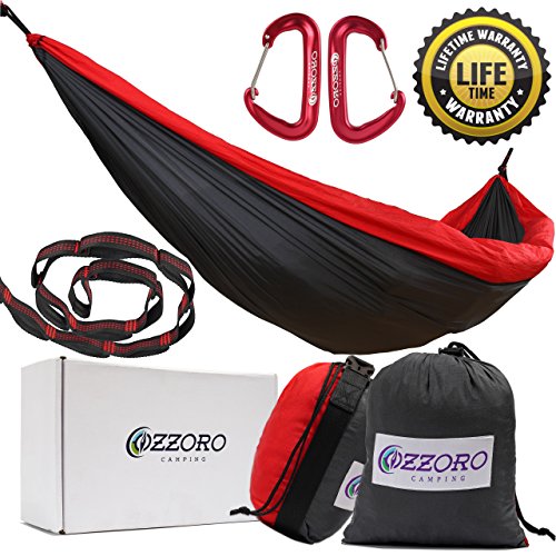 Double Hammock With Tree Straps - XL Camping Hammock Lightweight Portable Heavy Duty Two Person Parachute Nylon Hammock For Backpacking Outdoor Camp (Gray/Red)