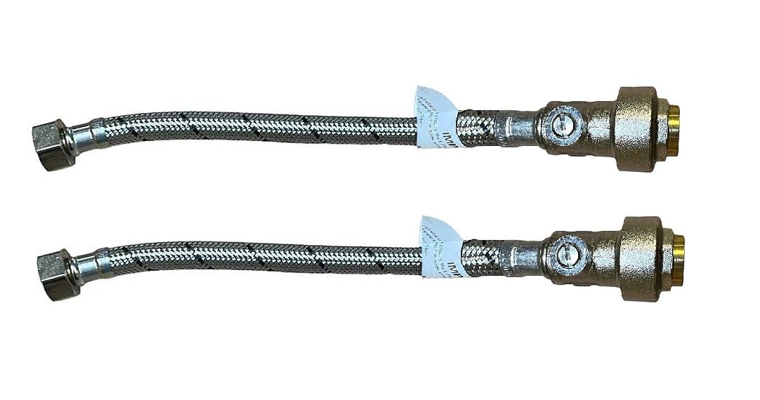 Flexible Tap Hose Connector Pack of 2 - Compression or Push Fit or Push Fit with isolating Valve 300mm Long (15mm Pushfit x 1/2" F x 300mm Long with Isolating)