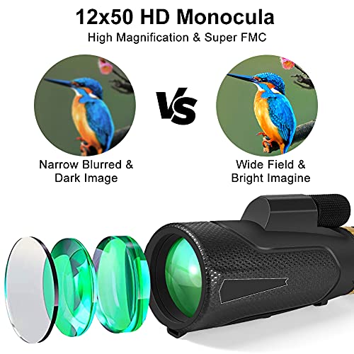 APLOS 12x50 Monocular Telescope with Quick Holder for Smartphone, Low Night Vision Waterproof Fog Cosmic Scope Monoculars for Adults Kids, BAK4 Prism for Bird Watching Hunting, Camping, Hiking