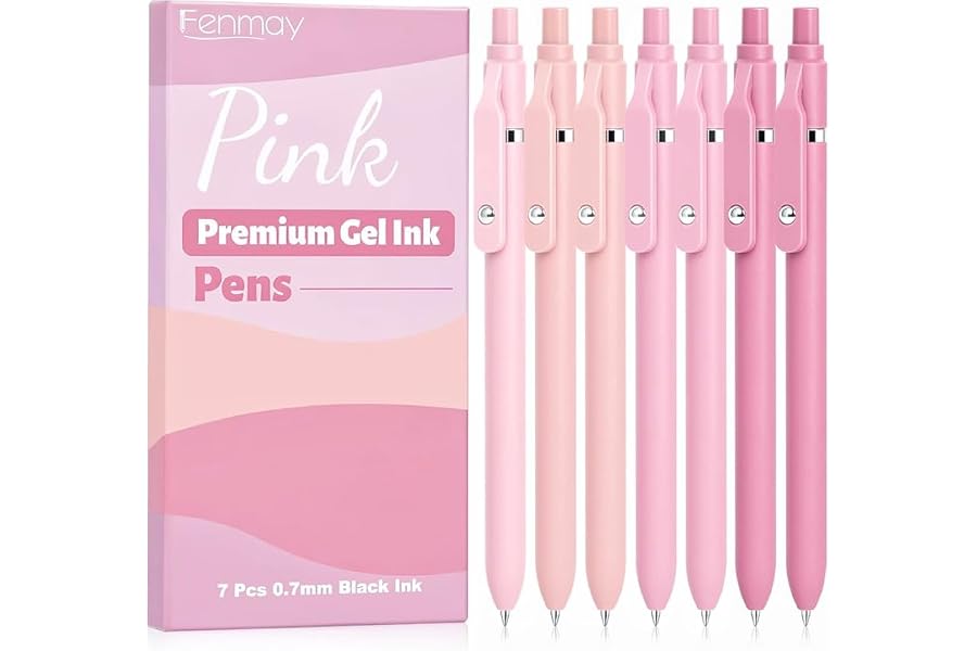 Fenmay Pink Pens Black Ink, 7 Pcs 0.7mm Fine Point Smooth Writing Gel Pens, Quick Dry & No Smudge, Cute Aesthetic Back-to-School Office School Supplies Gifts for Women & Students