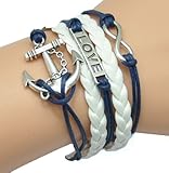 HUMASOL Fashion Lady Retro Knit Bronze Love Dream 2 Hearts Shape 5 Strands Suede Rope Bracelet Blue & White Gift