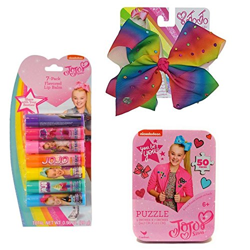 JoJo Siwa Signature Collection Hair Bow – Rainbow with Rhinestone With Jojo Siwa Lip Balms, 7 Count and JoJo Siwa "Follow Your Dreams" 50 piece Puzzle in Tin Great Gift for Girl Birthday, Easter, Holi