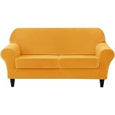 CONRUSER Stretch Sofa Slipcover, Soft Velvet Sofa Covers for 2 Cushion Couch Thick Furniture Protector for Pets &amp; Kids (Gold, M)