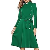 FAD-4U Church Clergy Dress for Women Spring/Autumn Long Sleeve Rows Buttons A Line Dress with Tab Collar and Belt