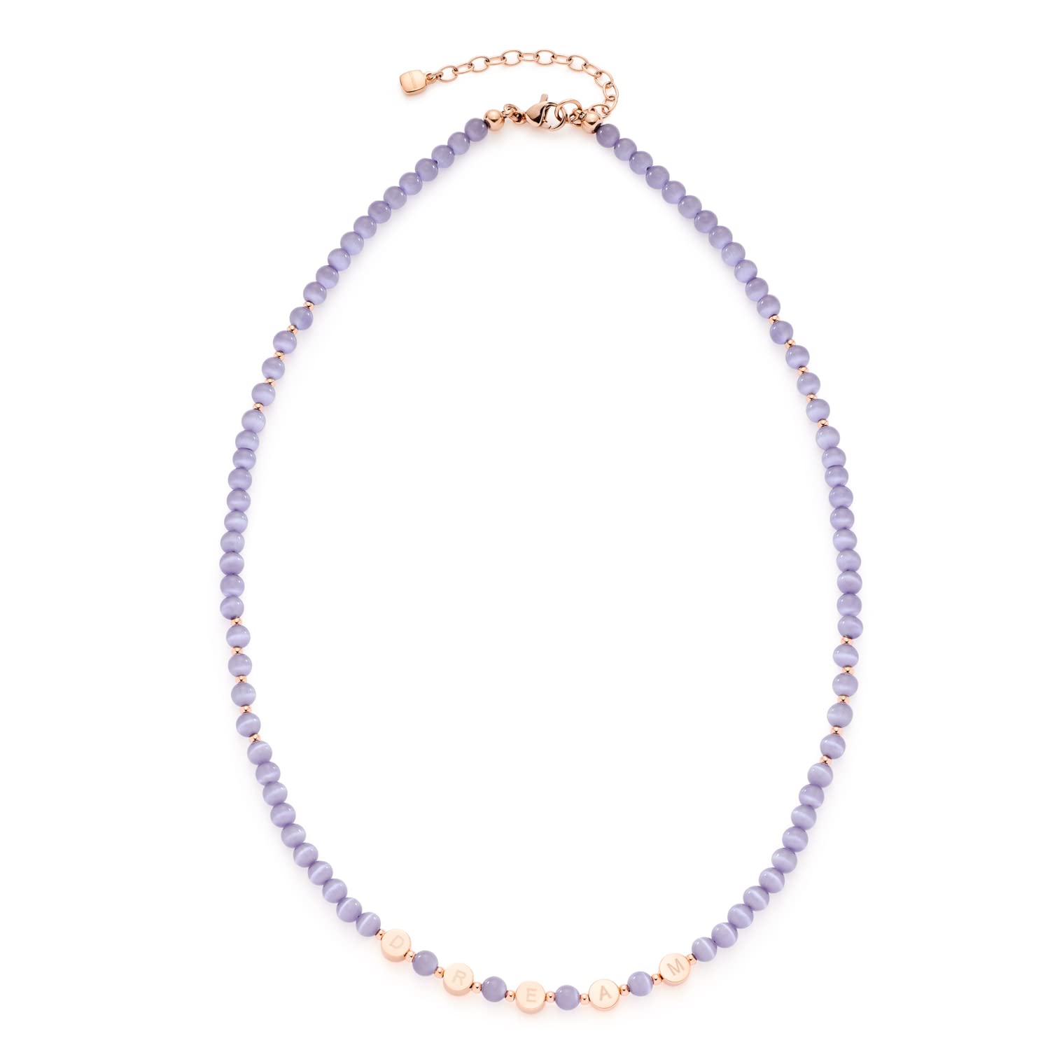 Leonardo Danica Summer Special Necklace Made of Stainless Steel, 1 Piece, Purple Cateye Pearl Necklace with Coin Plate, Dream Rose Gold, Women's Jewellery, 021877, 42 cm, Stainless Steel, No gemstone.