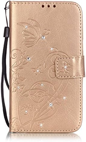 iBerry iPhone 7 Plus Wallet case, Classic [Flower with Rhinestone] Folio PU Leather Wallet Case Cover with 3 Card Slots for Apple iPhone 7 Plus, Gold