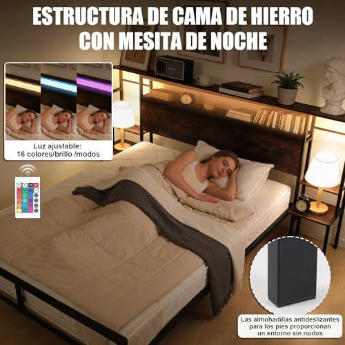CNHVEIF Base de Cama con Cabecera y Luces RGB, Base Cama con Estación de Carga USB Incorporada y Espacio de Almacenamiento, Cama Metálica con Mesilla de Noche, Fácil Montaje