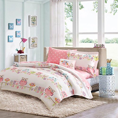 Girls Comforter Set Pink Aqua Blue Flowers 8 Piece Bed in a Bag with Owl Embroidered Pillow Includes Designer Home Sleep Mask (Full)