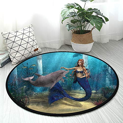 ALAZA 3D Mermaid Dolphin Ocean Round Area Rug Non Slip Rug Floor Mat Carpet Entryway Hallway Sofa Living Room Bedroom Home Decor 3' Diam